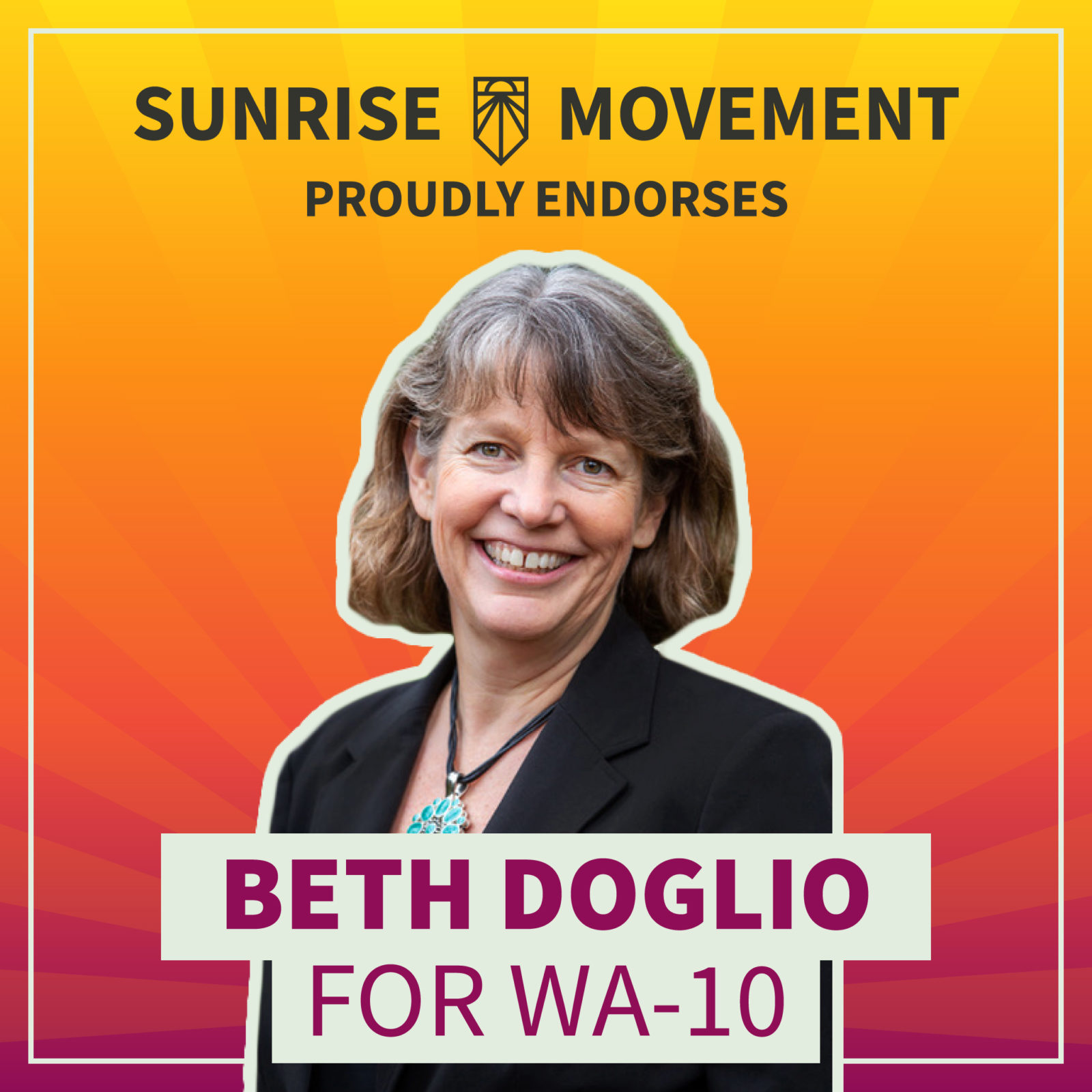 Una foto de Beth Doglio con texto: Sunrise Movement respalda con orgullo a Beth Doglio para WA-10.