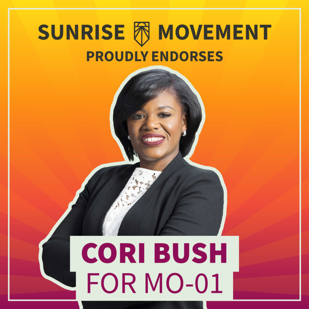 Una foto de Cori Bush con texto: Sunrise Movement respalda con orgullo a Cori Bush para MO-01
