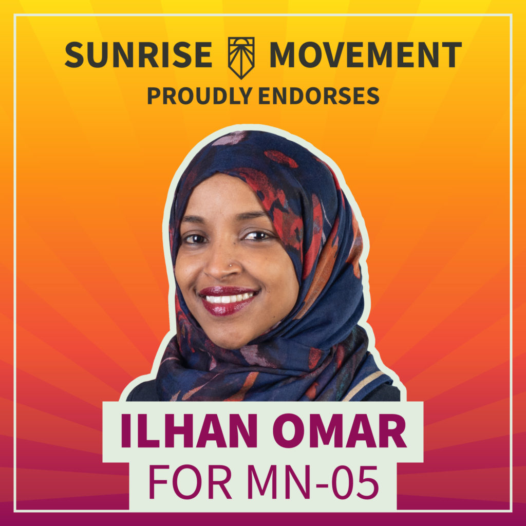 Una foto de Ilhan Omar con texto: Sunrise Movement respalda con orgullo a Ilhan Omar para MN-05