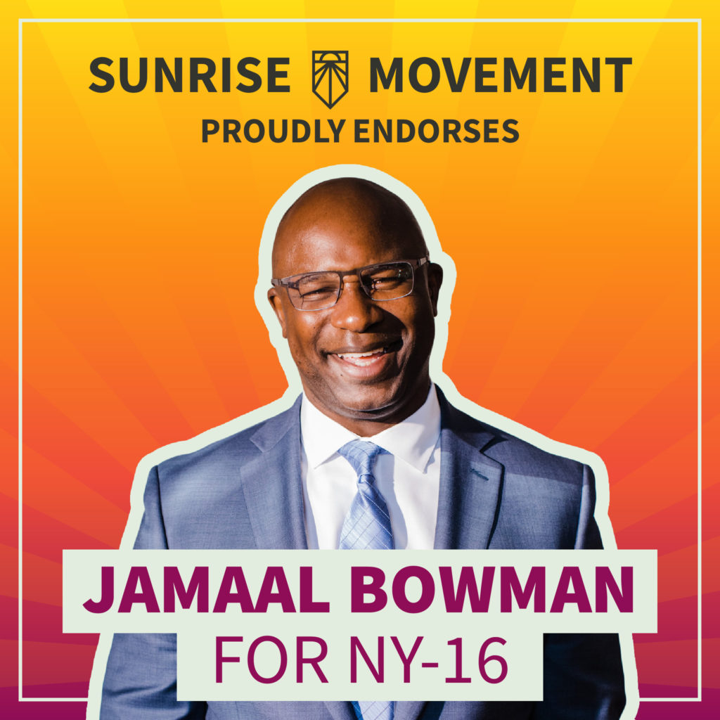 Una foto de Jamaal Bowman con texto: Sunrise Movement respalda con orgullo a Jamaal Bowman para NY-16