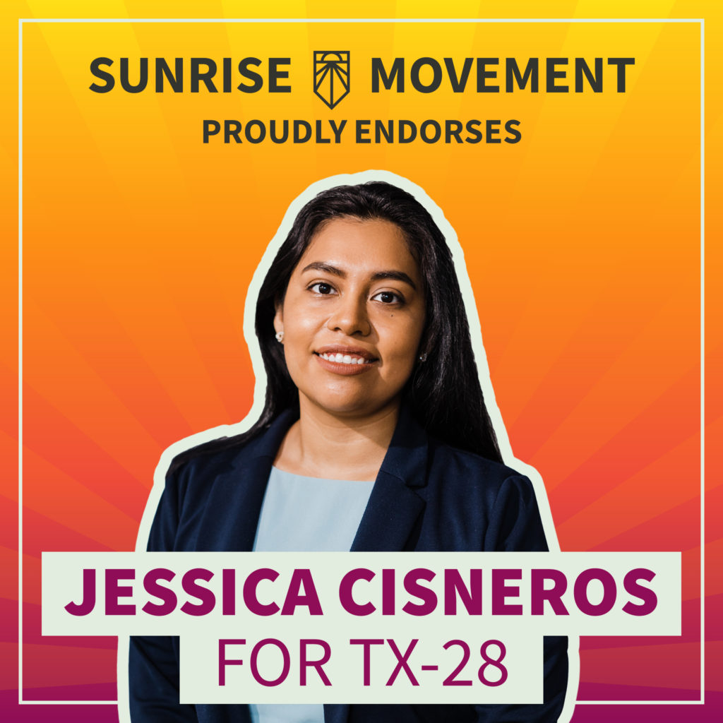 Una foto de Jessica Cisneros con texto: Sunrise Movement respalda con orgullo a Jessica Cisneros para TX-28