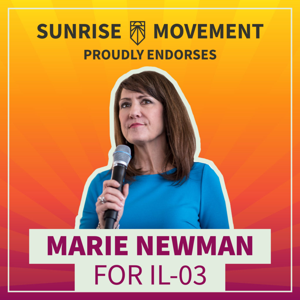 A photo of Marie Newman with text: Sunrise Movement proudly endorses Marie Newman for IL-03