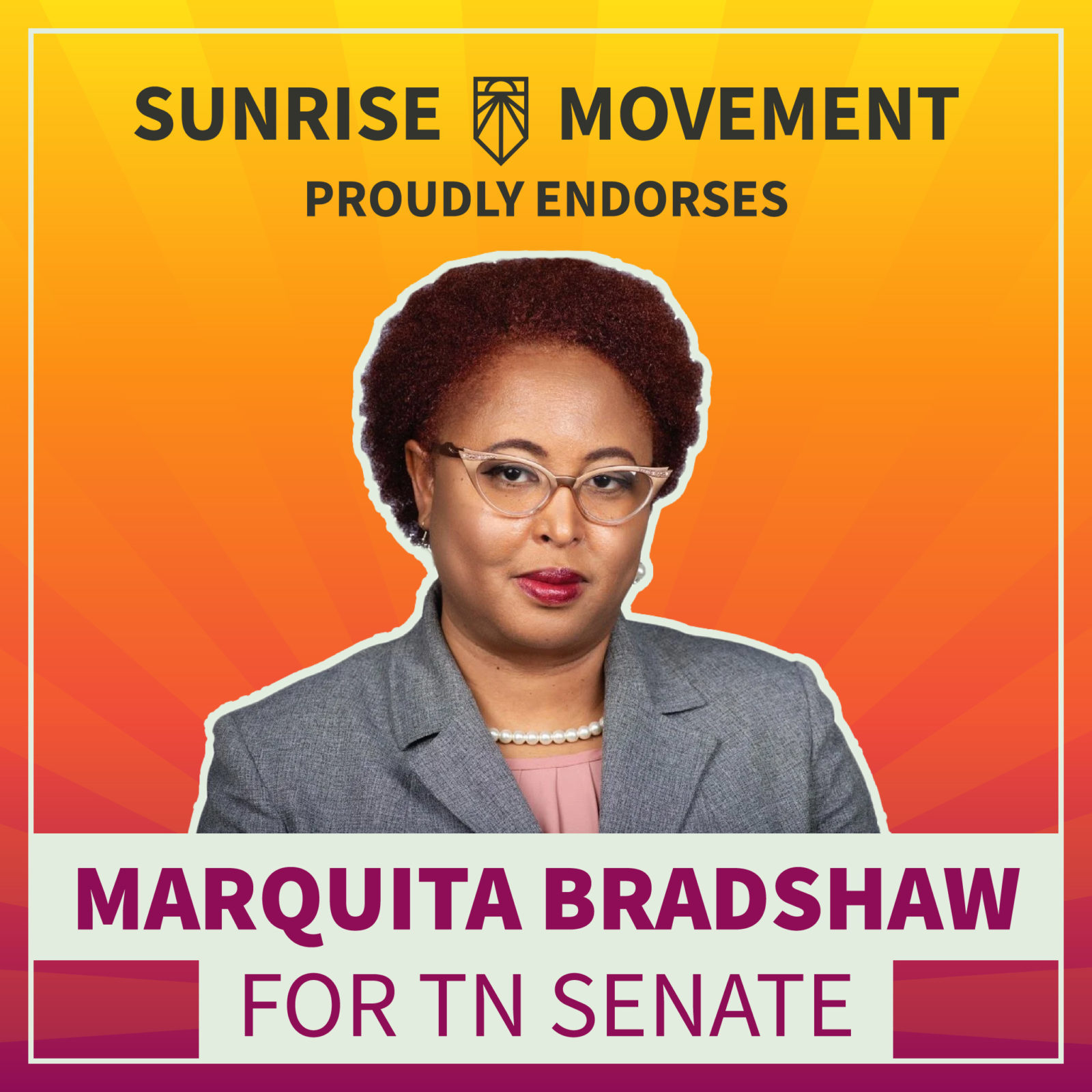 Une photo de Marquita Bradshaw avec le texte : Sunrise Movement soutient fièrement Marquita Bradshaw pour le Sénat TN.