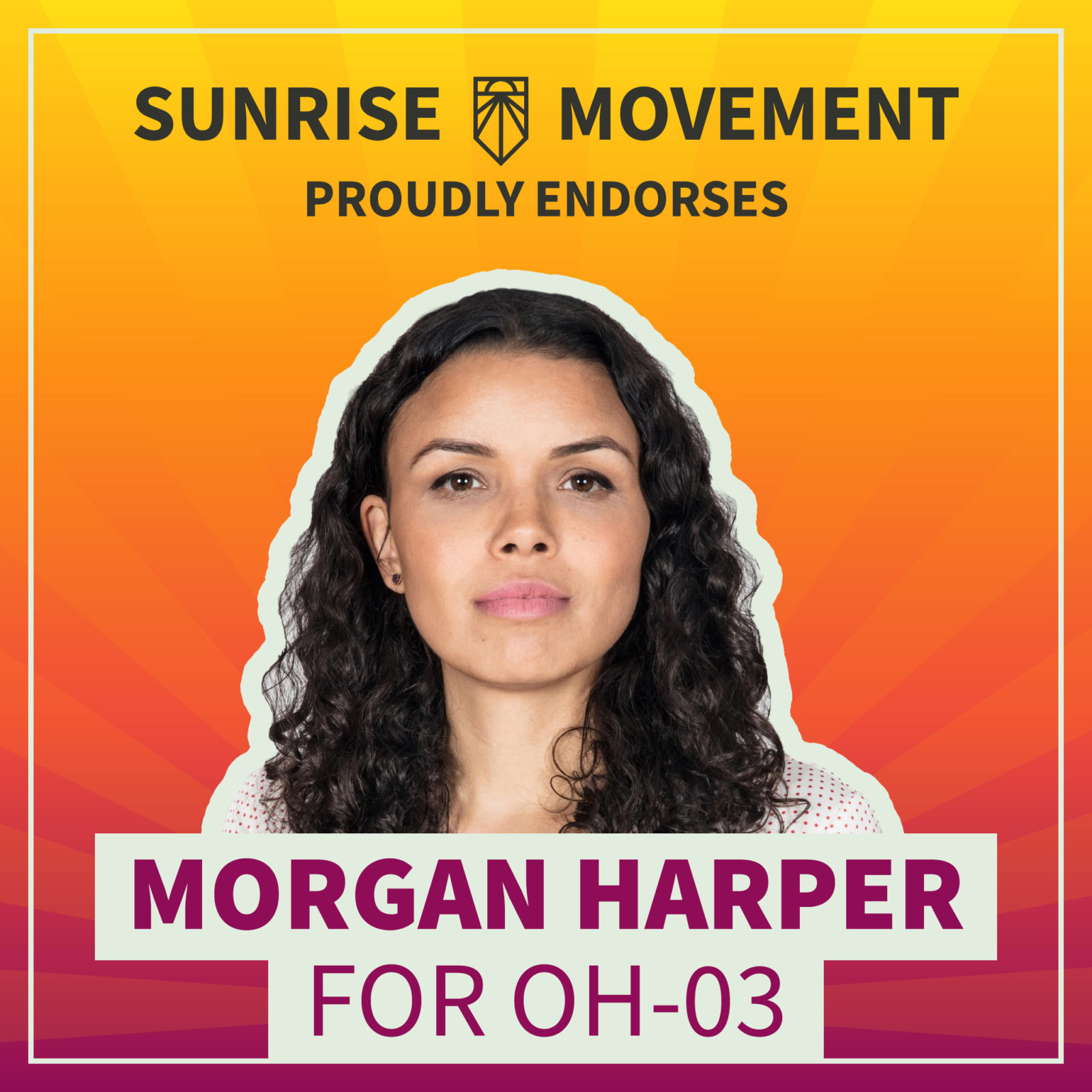 Una foto de Morgan Harper con texto: Sunrise Movement respalda con orgullo a Morgan Harper para OH-03