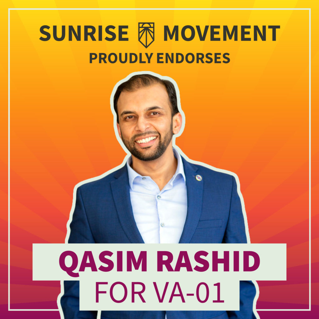 Une photo de Qasim Rashid avec du texte : Sunrise Movement soutient fièrement Qasim Rashid pour VA-01