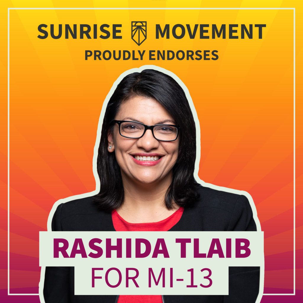 Una foto de Rashida Tlaib con texto: Sunrise Movement respalda con orgullo a Rashida Tlaib para MI-13