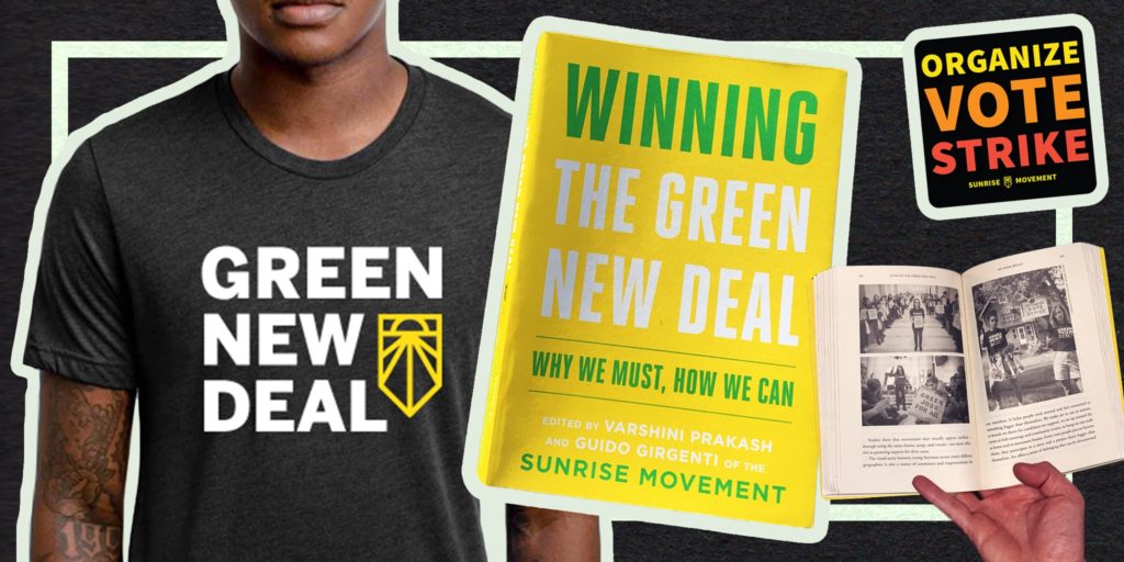 Gráfico de la camiseta Green New Deal de una persona, la portada del libro, una imagen del libro abierto y el letrero "Organizar. Votar. Huelga".