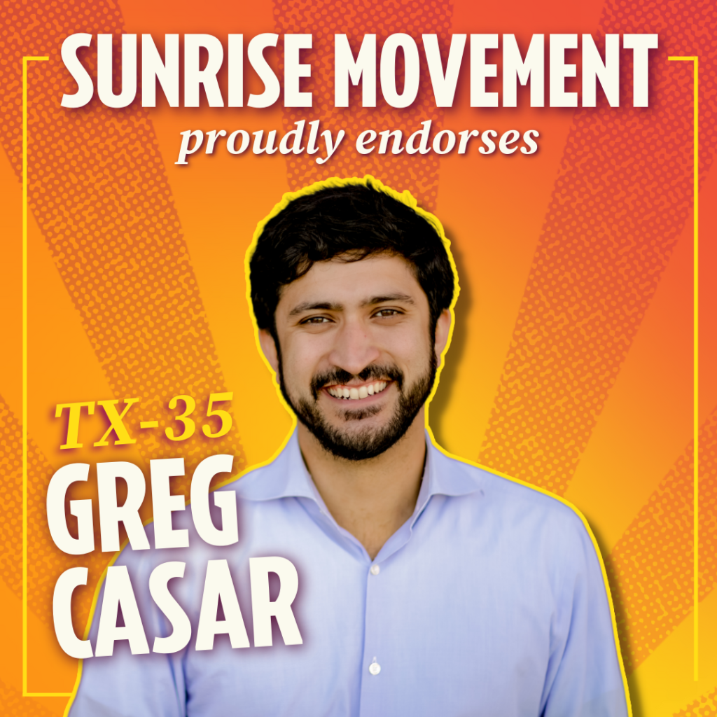Sunrise Movement steunt met trots Greg Casar voor Texas' 35th