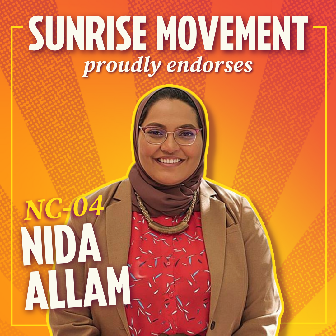 Sunrise Movement sostiene con orgoglio Nida Allam per il 4° posto della Carolina del Nord; immagine di Nida Allam