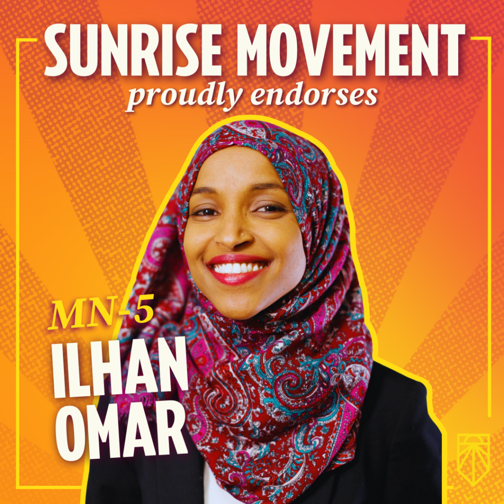 Sunrise Movement ribadisce con orgoglio Ilhan Omar per il 5° posto del Minnesota; foto di Ilhan Omar