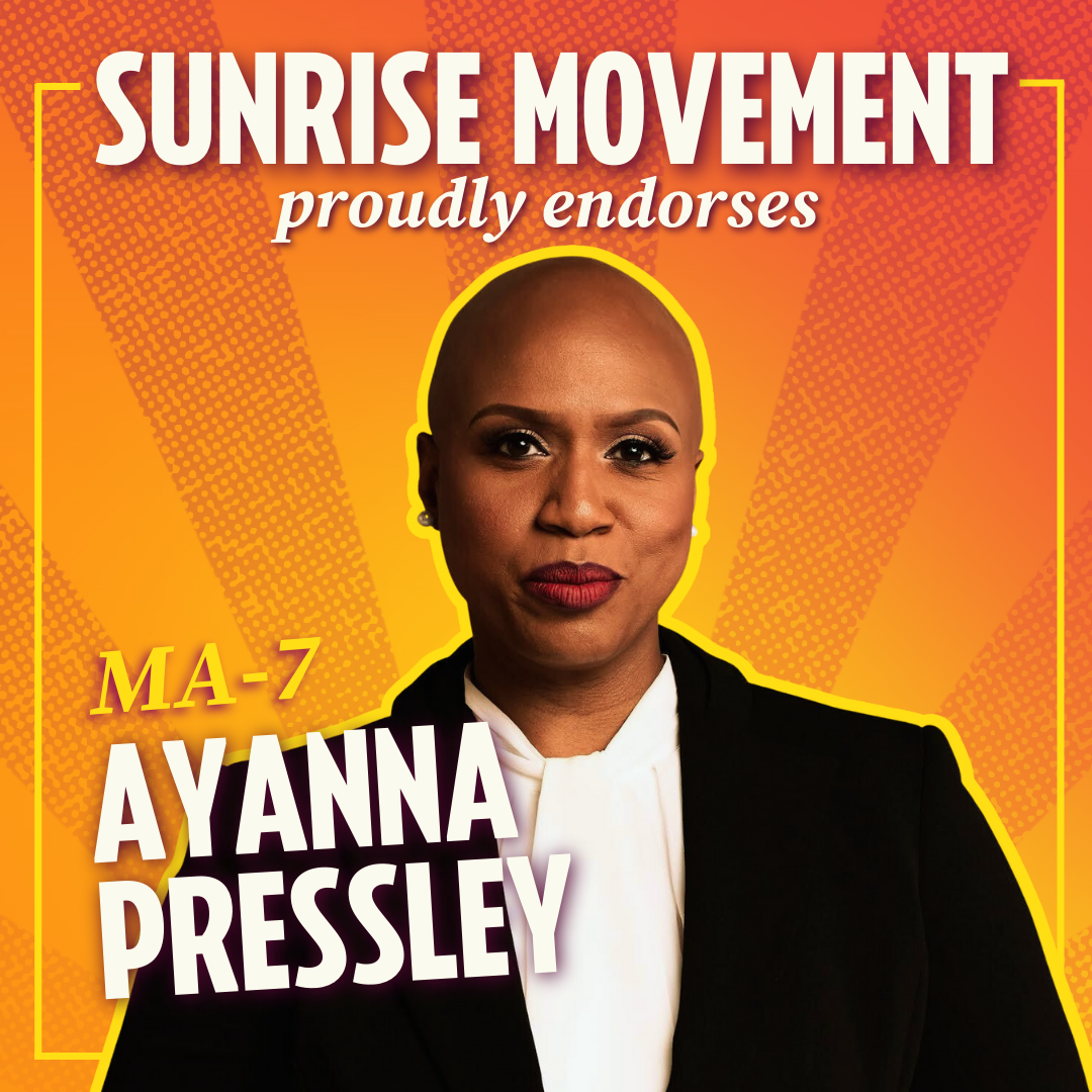 Sunrise Movement с гордостью подтверждает, что Айанна Прессли заняла 7-е место в Массачусетсе; фото Аянны Прессли