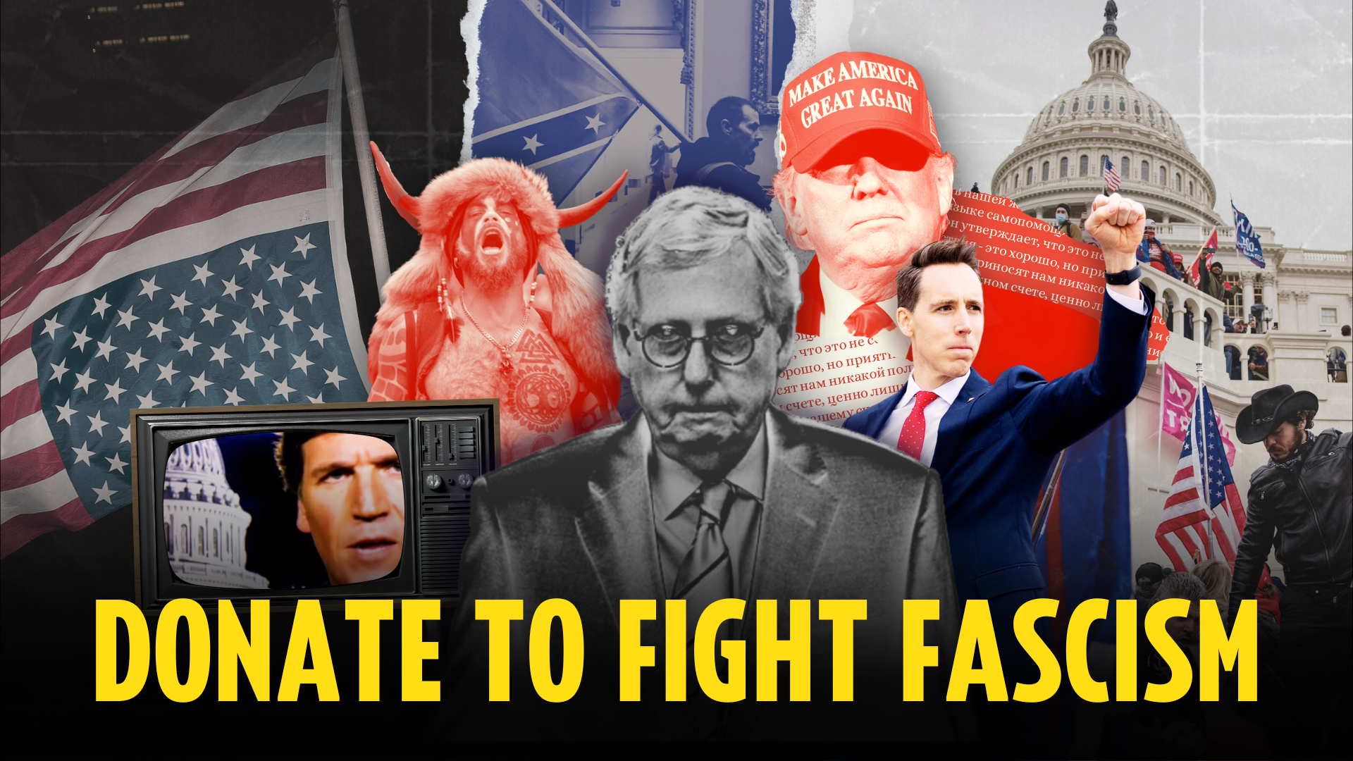 Dona per combattere il fascismo; Collage di simboli e leader fascisti